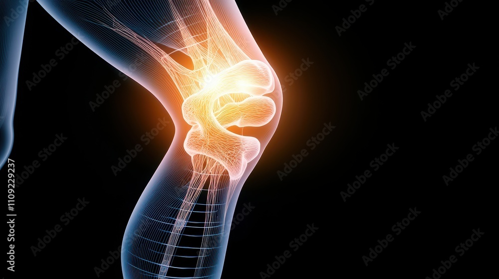 Poster artificial knee and joint concept, detailed visualization of an artificial knee joint with a glowing
