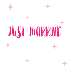 Print Just Married Text Alphabet Font Typography Calligraphy. Modern handmade calligraphy. Hand drawn lettering element for your design in eps 10.
