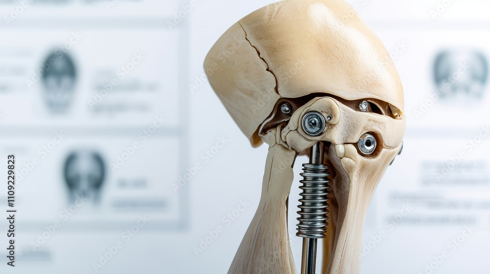 Poster artificial knee and joint concept, detailed view of artificial knee joint model with visible metalli
