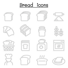 Bread, Loaf, Bakery & Pastry icon set in thin line style