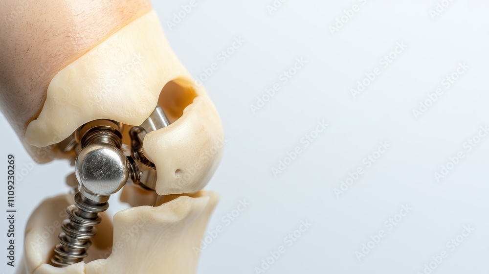 Poster artificial knee and joint concept, detailed view of artificial knee joint with visible metallic comp