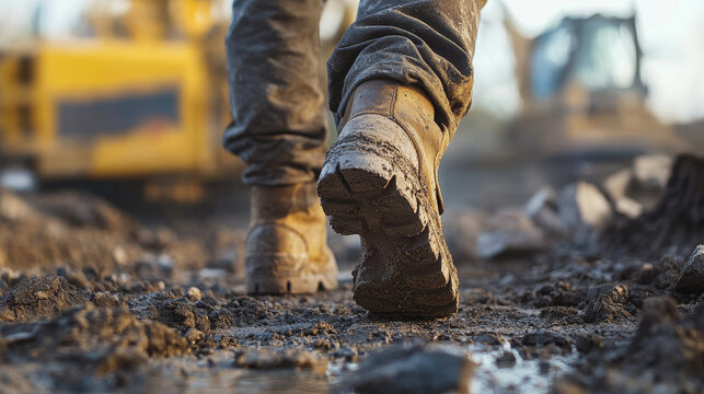 A close-up of the feet and boots worn by an industrial worker, walking on a construction site ground covered in dirt. 