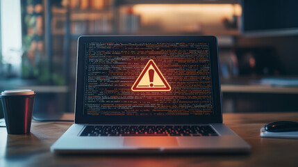 Laptop displaying a warning symbol over code, representing a cybersecurity threat

