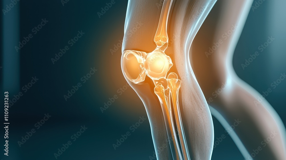 Poster artificial knee and joint concept, artistic depiction of an artificial knee in motion surrounding a 