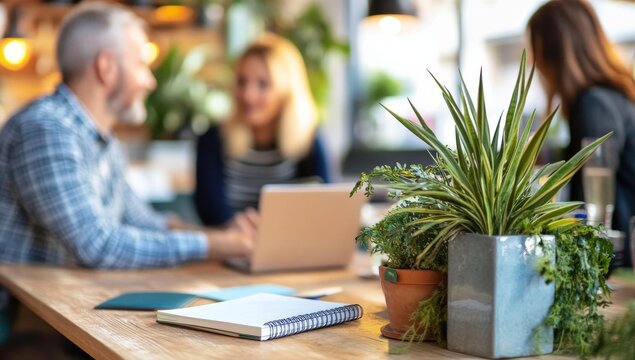 Friends engage in meaningful conversations with a notebook and plants.