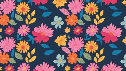 Vibrant Colorful Floral Pattern Design With Leaves