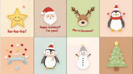 Fototapeta premium Christmas cards, New Year's cards, banners: Santa Claus, reindeer, Christmas trees, candles, cookies, chocolate, snowballs, snowmen, and more
