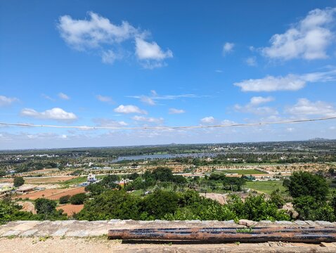View of the surrounding area of Indian temple from the mountain in Karnataka 