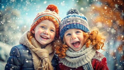 Cheerful happy girl and boy wearing in warm winter clothing in a snowy park, two children having fun in vacation
