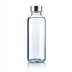 A sleek, clear glass water bottle with a silver cap, perfect for showcasing hydration and modern design in lifestyle or product photography.