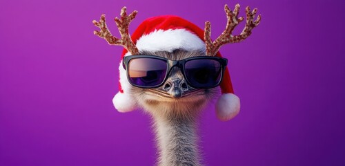 A festive, high-resolution photograph of a cute emu bird wearing sunglasses, a Santa hat, and reindeer antlers. 
