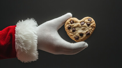 Fototapeta premium Santa’s gloved hand holding a heart-shaped cookie with chocolate chips on a dark background 