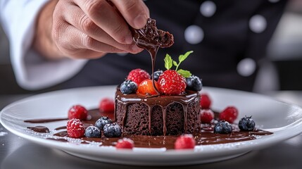 Chocolate dessert topped with fresh berries and mint in a gourmet restaurant setting