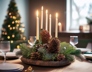  un centre de table compos&eacute; de branches de sapin, de pommes de pin