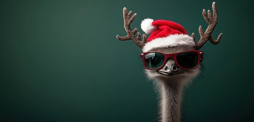 A fun, professional photograph featuring a cute emu wearing sunglasses, a Santa hat, and reindeer antlers. 