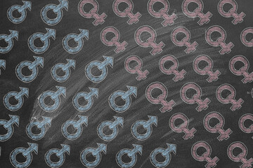A chalkboard is decorated with repeated gender symbols in pink and blue. The pattern alternates male and female signs, emphasizing equality and gender representation