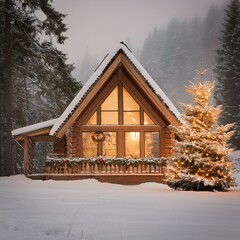Un chalet en bois sous la neige