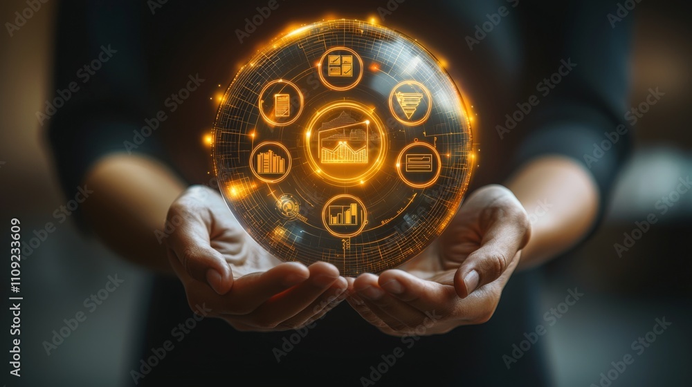 Poster a person holds a glowing orb displaying various icons representing data, analytics, and technology, 