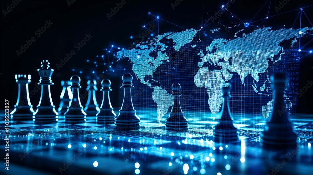 Poster a futuristic chessboard scene with digital elements and a world map, depicting strategy and technolo
