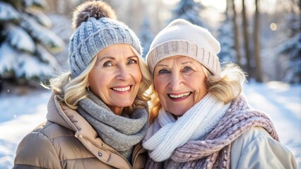 Fototapeta premium Cheerful happy couple wearing in winter clothing in a snowy park, two beauty women in winter backgroung