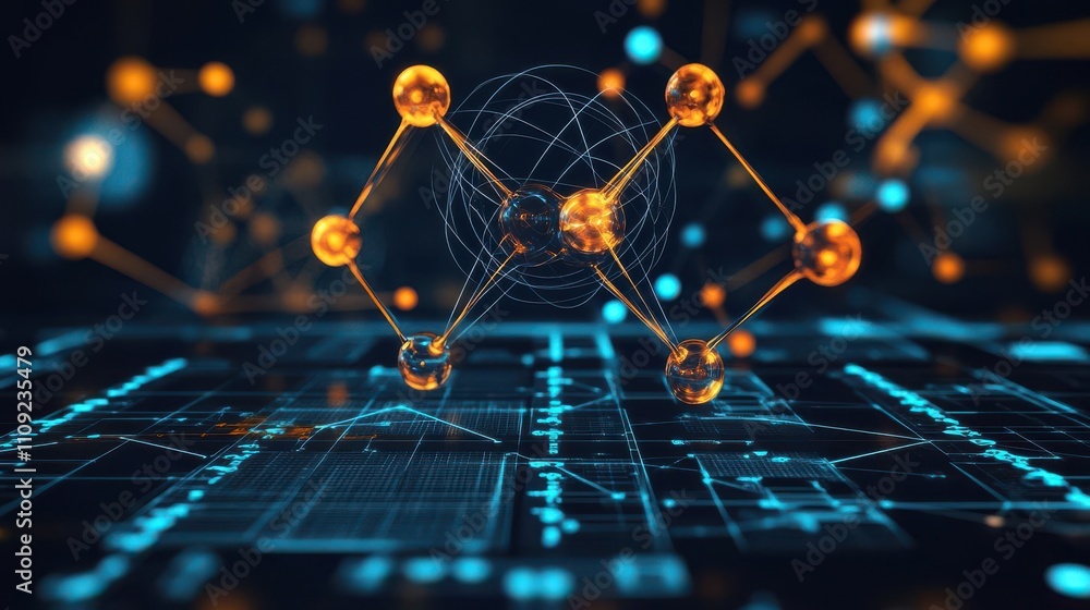 Poster a futuristic digital network visualization featuring interconnected nodes and glowing lines, symboli