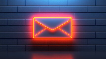 Glowing Neon Email Envelope Sign on Brick Wall Background