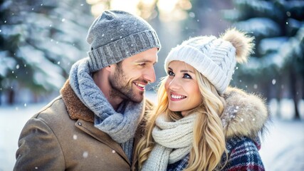 Fototapeta premium Cheerful happy couple wearing in winter clothing in a snowy park, winter season scenery