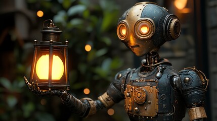 Steampunk robot illuminates a dimly lit setting with a glowing lantern