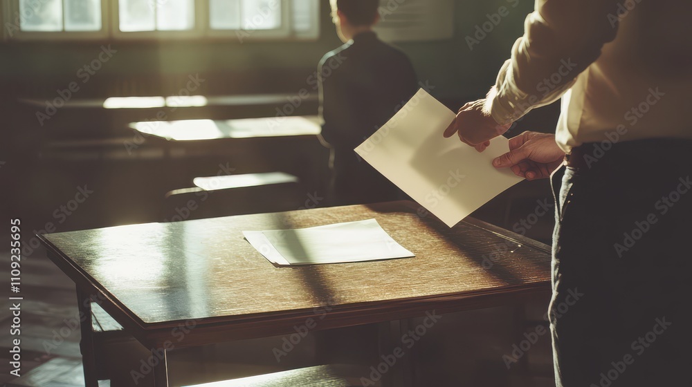 Poster a thoughtful moment in an empty classroom as a person holds a blank sheet of paper with warm light s