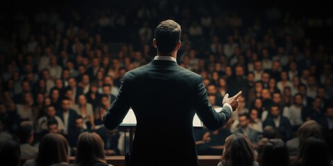 The perspective from behind highlights the audience's attention on the presenter.