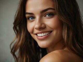 Naklejka premium Woman with a smile showcasing healthy skin, hair, and teeth.