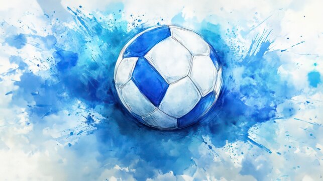 Watercolor painting of a soccer ball with blue splashes.