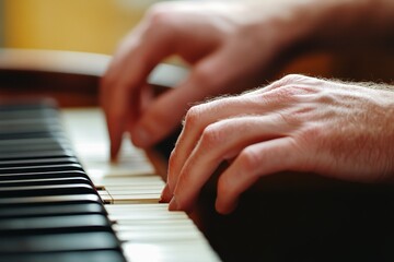 Fototapeta premium Human hands playing piano in a close up view.