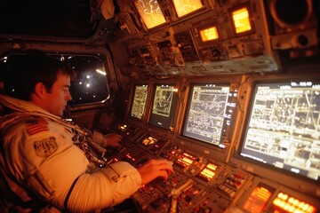 High-Tech Control Room Overlooking a Space Station Screens Displaying Star Charts.