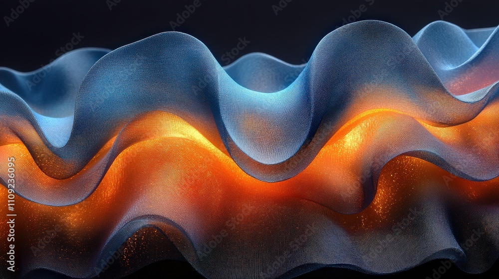 Poster abstract wave patterns with soft gradients showcasing blue and orange hues against a black backgroun