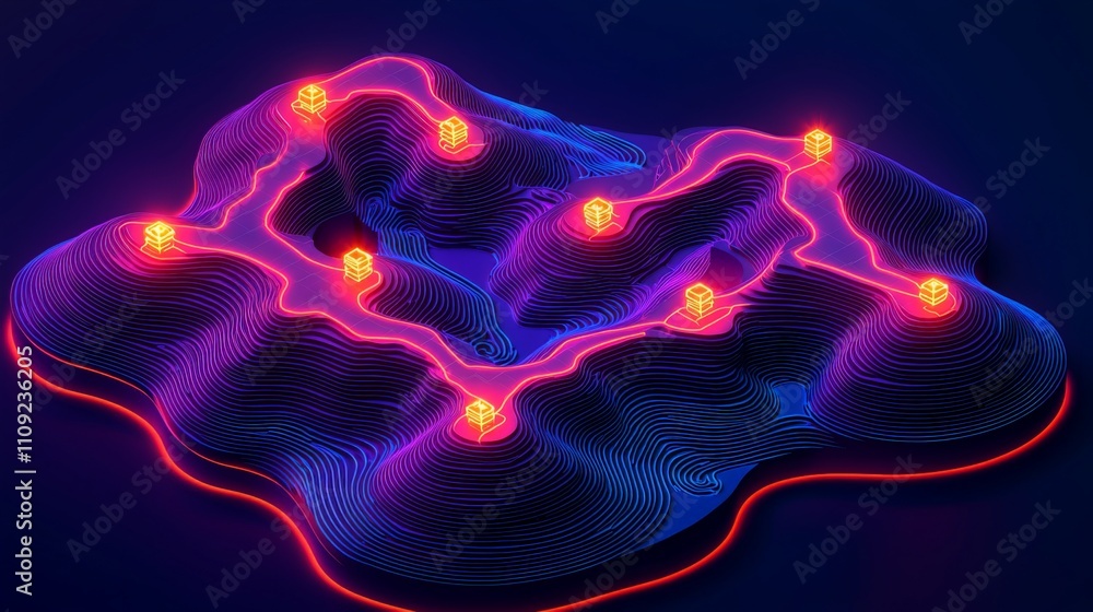 Poster a vibrant, abstract representation of a network with glowing nodes and lines on a textured surface, 