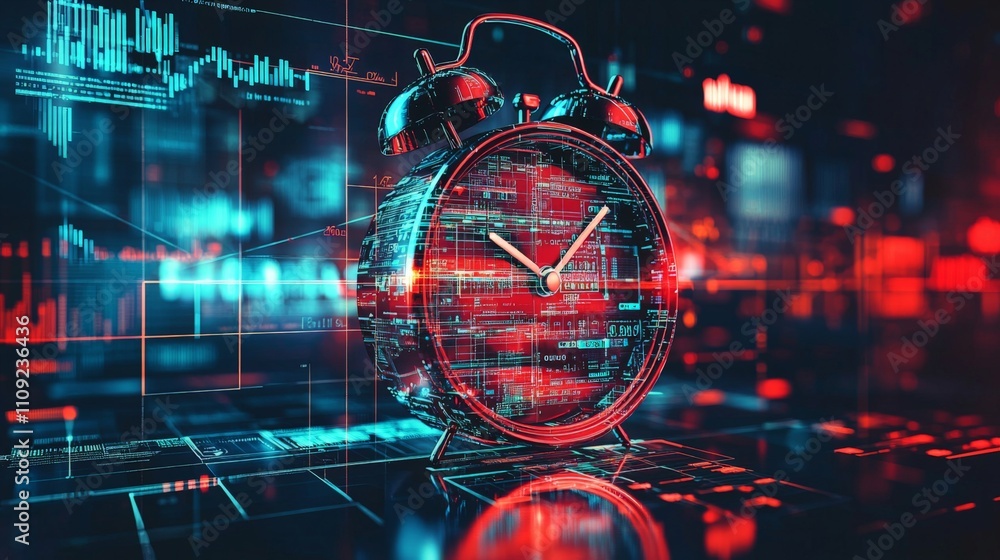 Poster a digital clock amidst a vibrant, futuristic backdrop of red and blue data visualizations, symbolizi