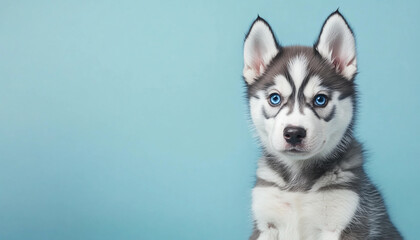 Cute husky puppy poses in front of blue background