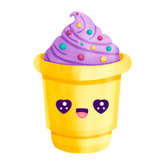 
Banana cocktail with whipped cream. Cute character in kawaii style