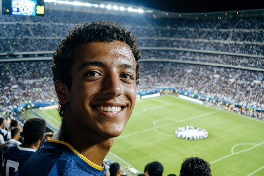 Happy Young Man Watching Soccer Game In Stadium