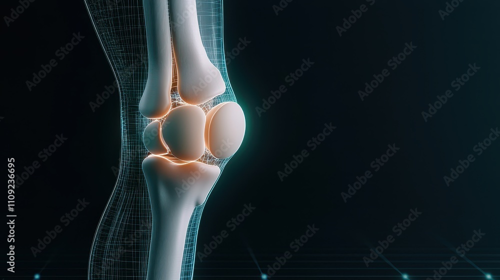 Poster artificial knee and joint concept, stylized artificial knee joint rendered with glowing effect in st