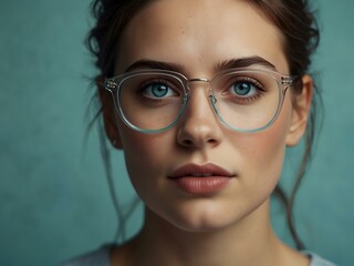 Fototapeta premium Woman with clear glasses and turquoise eyes on blue background.
