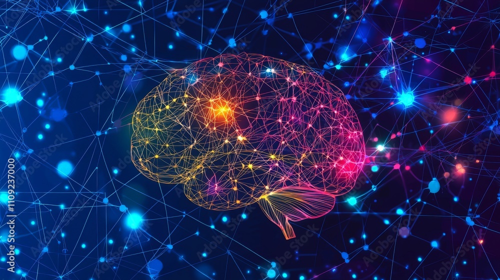 Poster a vibrant illustration of a brain, interconnected with colorful nodes and lines, symbolizing neural 
