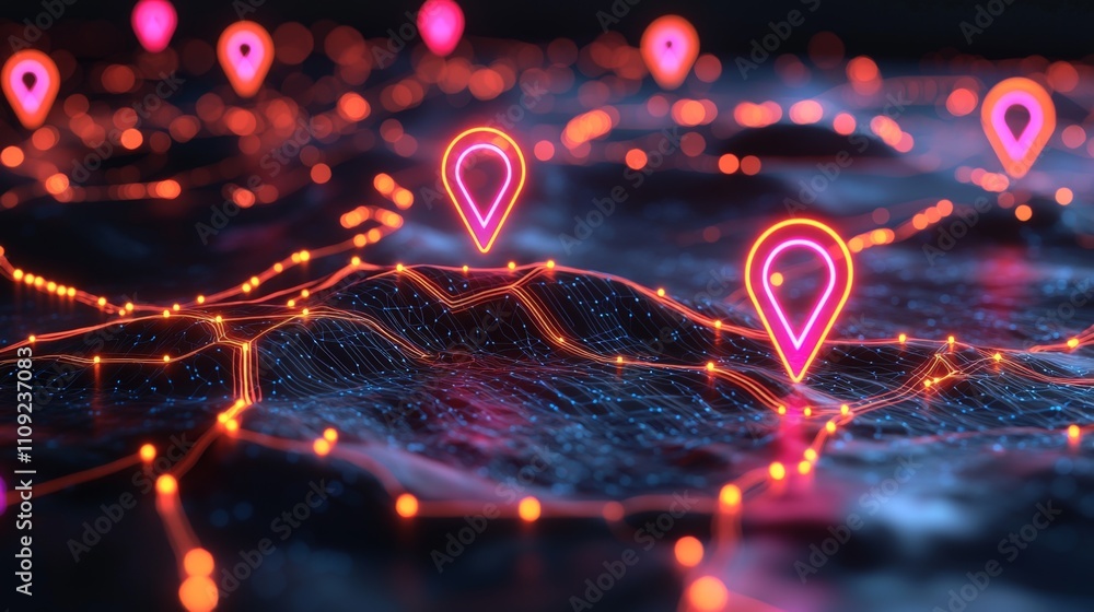 Poster a vibrant digital landscape featuring glowing location pins connected by illuminated lines, represen