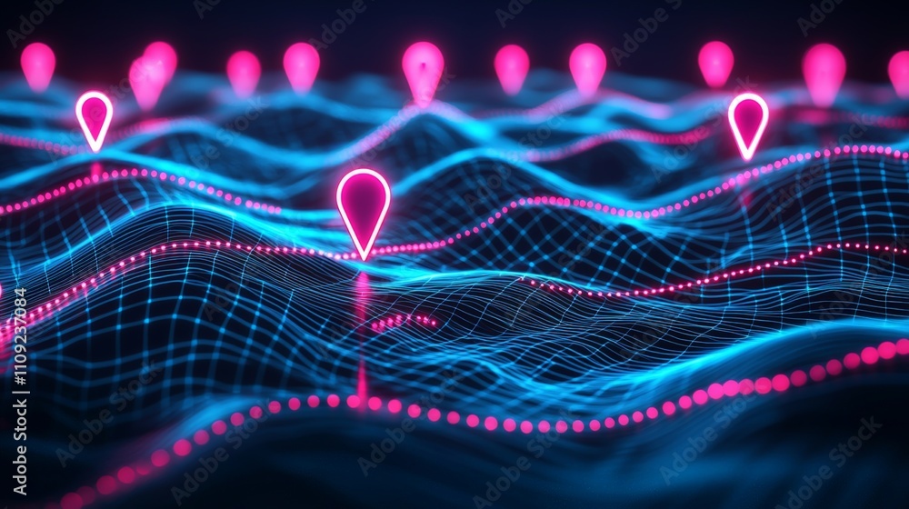 Poster a vibrant digital landscape featuring glowing pink location pins overlaid on blue wave patterns, sym