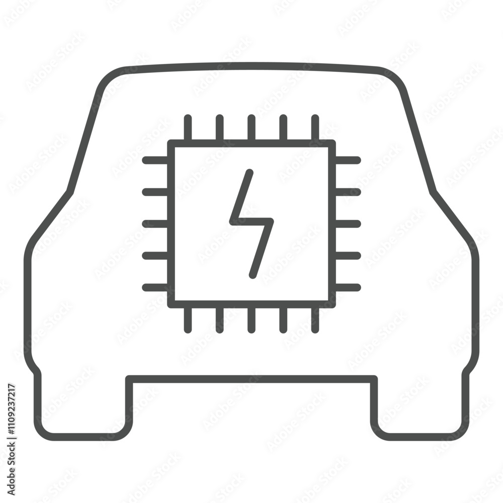 Poster processor inside electric car thin line icon, electronics industry concept. vector graphics. process