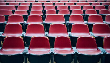 Naklejka premium Rows of red seats arranged in a vacant auditorium space