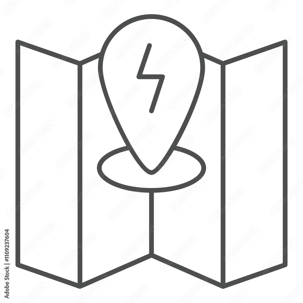 Poster energy pointer on map thin line icon, power point concept. vector graphics. location map pin lightni