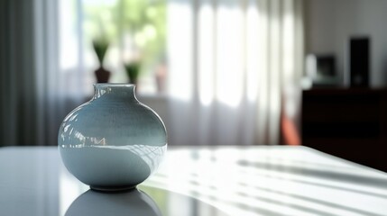 Fragile porcelain vaseon white table,symbolizing vulnerability and fragility in life and relationships