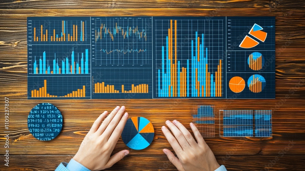 Poster a person analyzes colorful data visualizations and charts on a wooden table, focusing on pie and bar